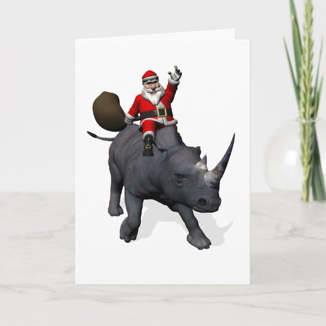 Santa Claus Rides Rhino Rhinoceros Holiday Card (Front)
