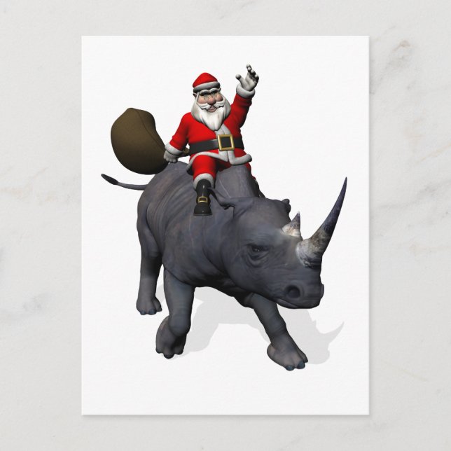 Santa Claus Rides Rhino Rhinoceros Holiday Postcard (Front)