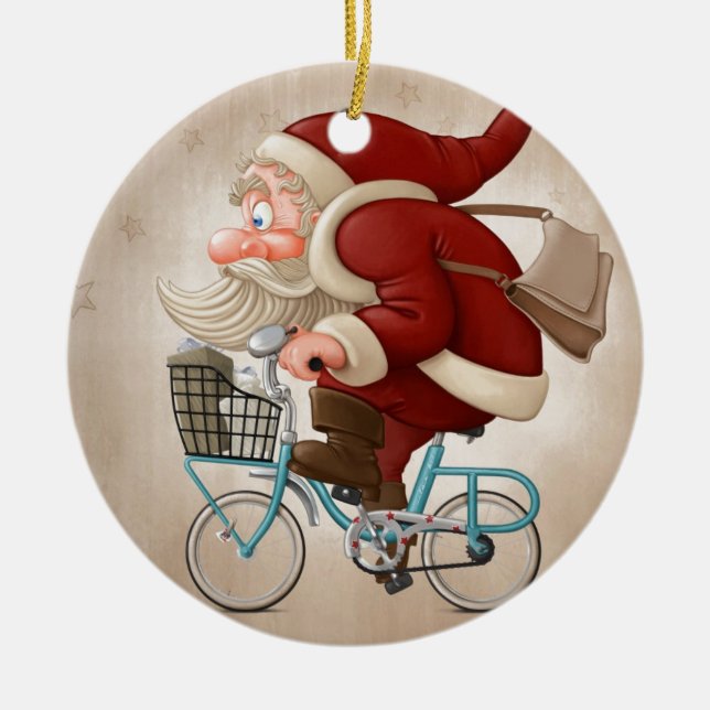 Santa Claus rides the bicycle Ceramic Tree Decoration (Front)