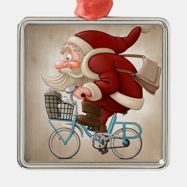 Santa Claus rides the bicycle Metal Tree Decoration (Front)
