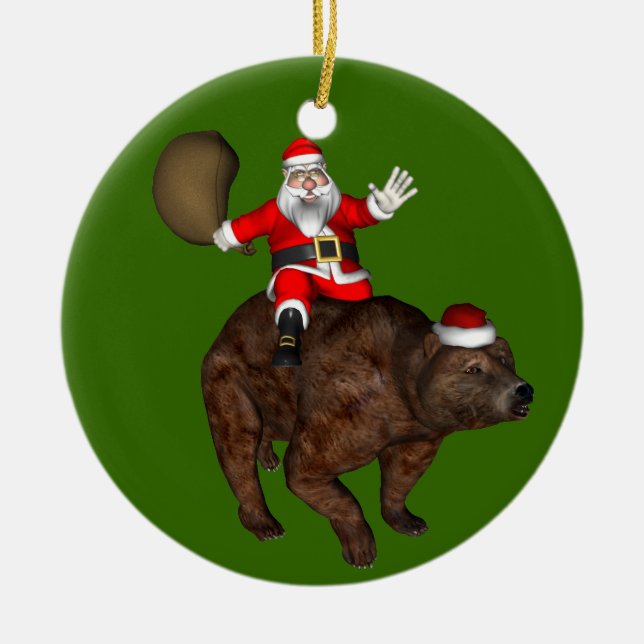 Santa Claus Riding A Bear Ceramic Tree Decoration (Front)