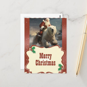 Santa Claus Riding a Bear Painting Postcard