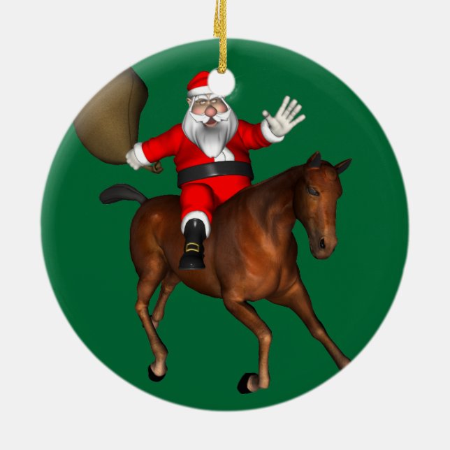 Santa Claus Riding A Brown Horse Ceramic Tree Decoration (Back)