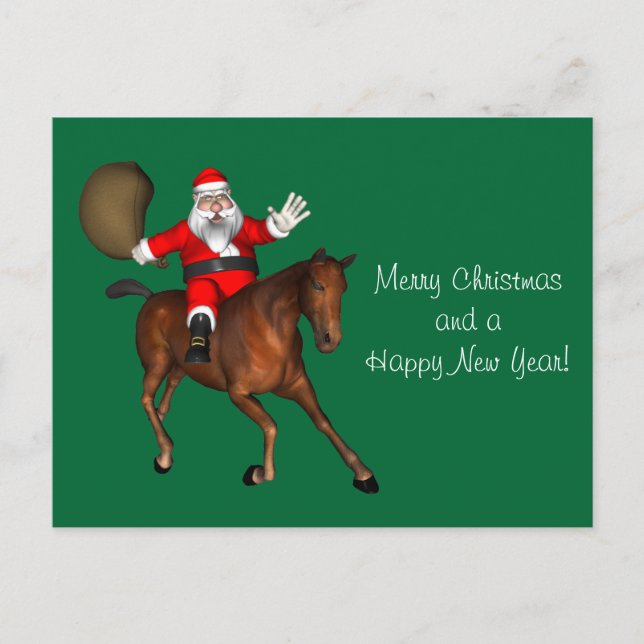 Santa Claus Riding A Brown Horse Holiday Postcard (Front)