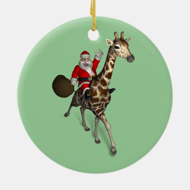 Santa Claus Riding A Giraffe Ceramic Tree Decoration (Back)