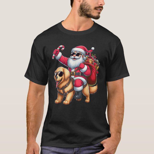 Santa Claus Riding a Golden Retriever Christmas Bo T-Shirt (Front)