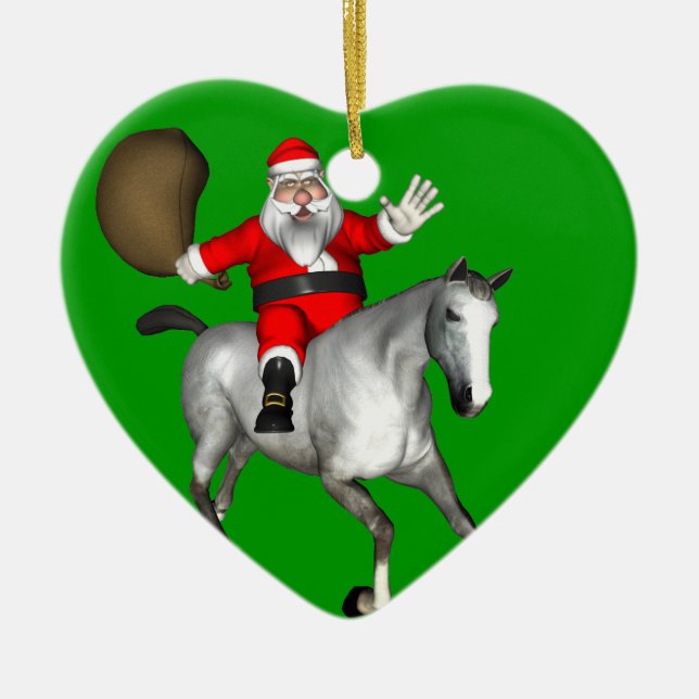 Santa Claus Riding A Grey Horse Ceramic Tree Decoration (Front)