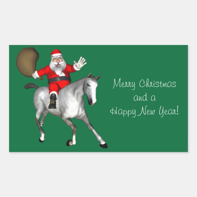 Santa Claus Riding A Grey Horse Rectangular Sticker (Front)