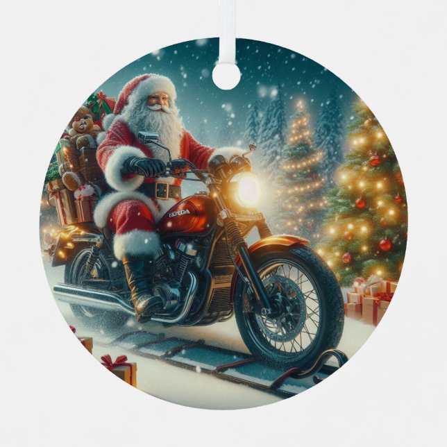 Santa Claus Riding A Honda Motorcycle Sled Metal Tree Decoration (Front)