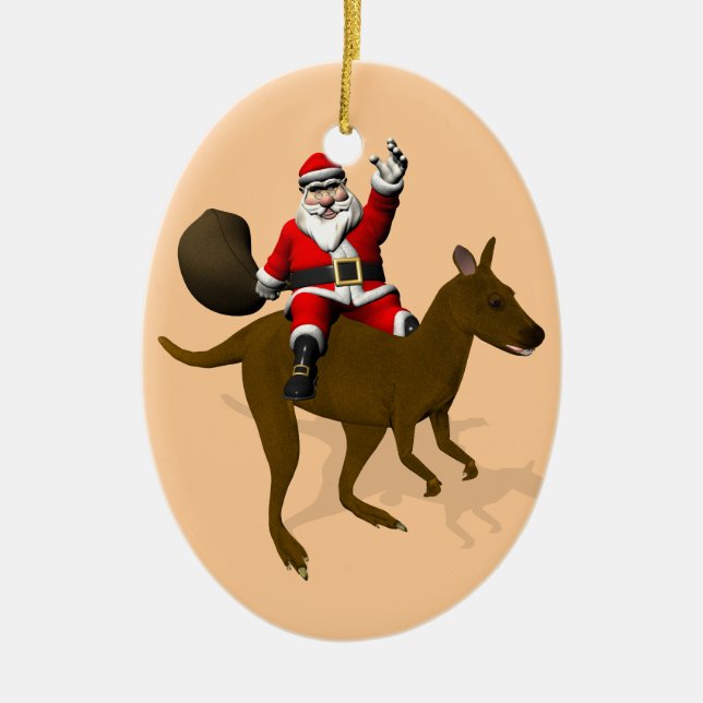 Santa Claus Riding A Kangaroo Ceramic Tree Decoration (Front)