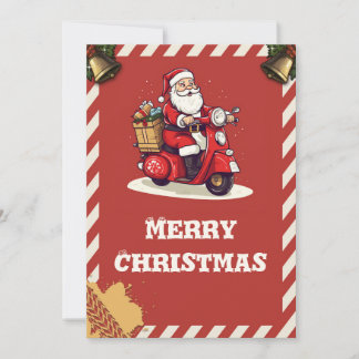 Santa claus riding a scooter holiday card