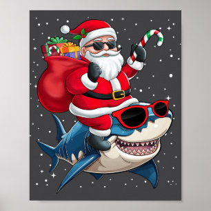 Santa Claus Riding A Shark Christmas Boy Girl Kids Poster