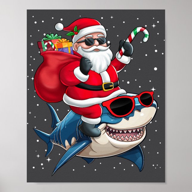 Santa Claus Riding A Shark Christmas Boy Girl Kids Poster (Front)