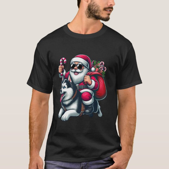 Santa Claus Riding a Siberian Husky Christmas Boys T-Shirt (Front)