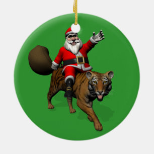 Santa Claus Riding A Tiger Ceramic Tree Decoration