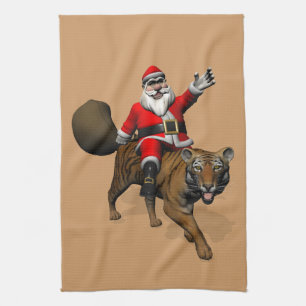 Santa Claus Riding A Tiger Tea Towel
