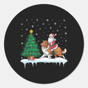 Santa Claus Riding Bearded Collie Dog Boys Girls C Classic Round Sticker