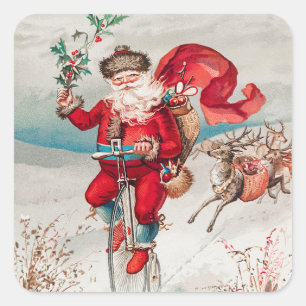 Santa Claus Riding Bicycle, Reindeer and Rabbit Square Sticker