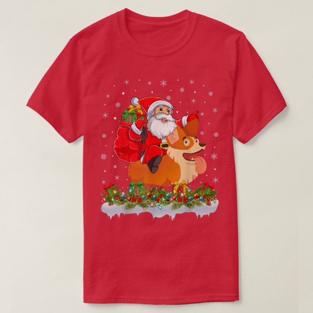 Santa Claus Riding Cardigan Welsh Corgi Dog Christ T-Shirt (Design Front)