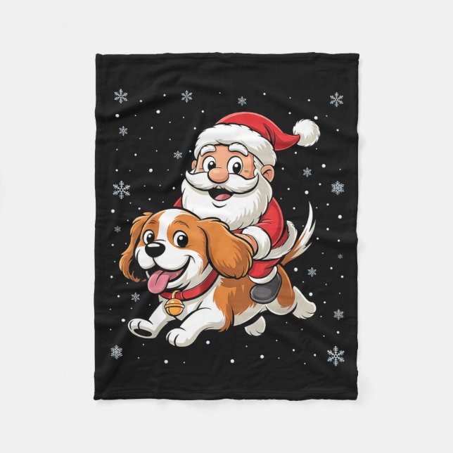 Santa Claus Riding Cavalier King Charles Spaniel D Fleece Blanket (Front)