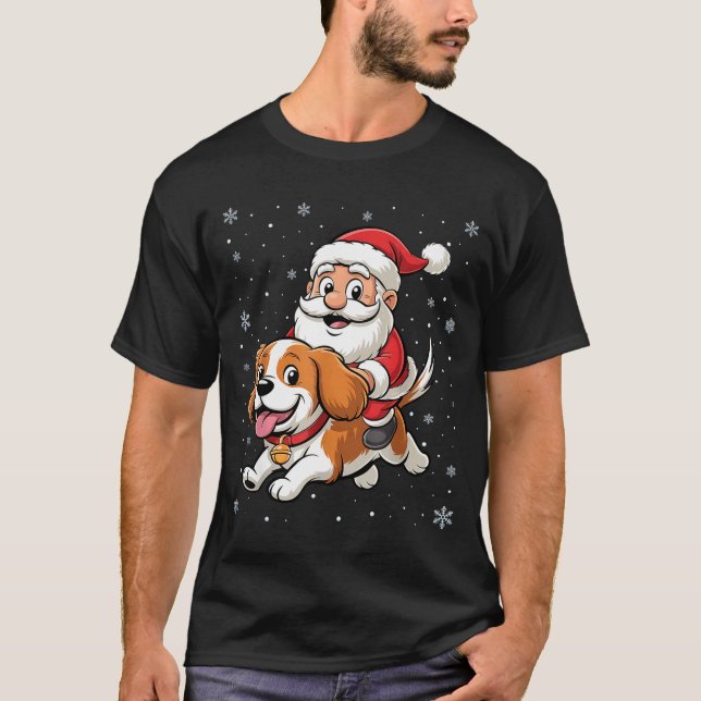 Santa Claus Riding Cavalier King Charles Spaniel D T-Shirt (Front)