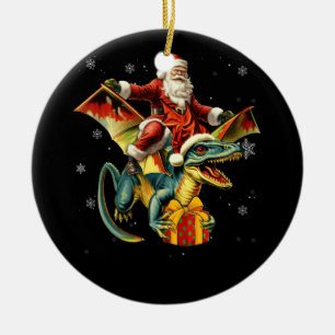 Santa Claus Riding Dinosaur T-Rex Christmas Prehis Ceramic Tree Decoration