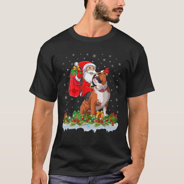 Santa Claus Riding English Bulldog Christmas T-Shirt (Front)