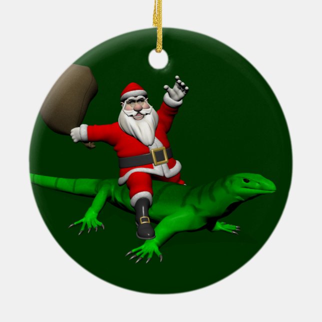 Santa Claus Riding Green Lizard Ceramic Tree Decoration (Back)