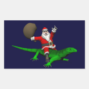Santa Claus Riding Green Lizard Rectangular Sticker