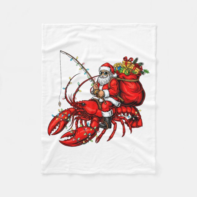 Santa Claus Riding Lobster Lights Christmas Fishin Fleece Blanket (Front)