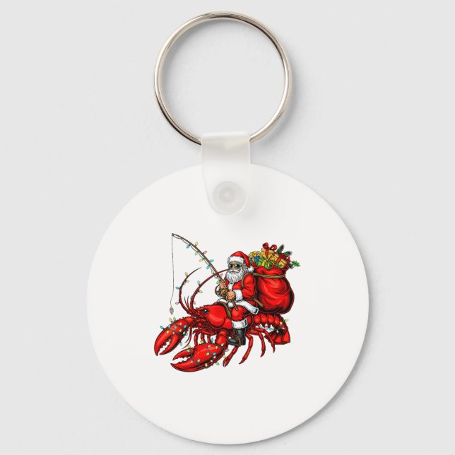 Santa Claus Riding Lobster Lights Christmas Fishin Key Ring (Front)