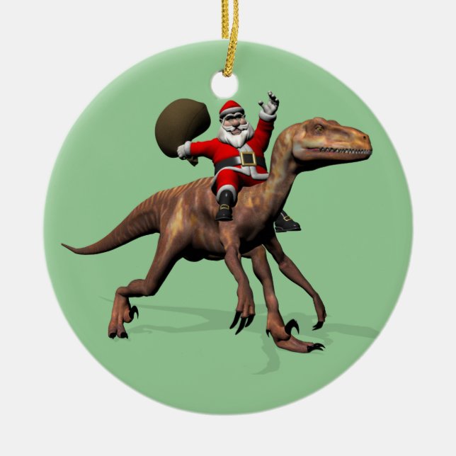 Santa Claus Riding On Deinonychus Ceramic Tree Decoration (Front)