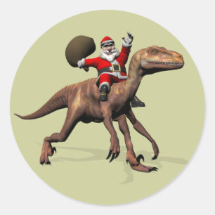Santa Claus Riding On Deinonychus Classic Round Sticker