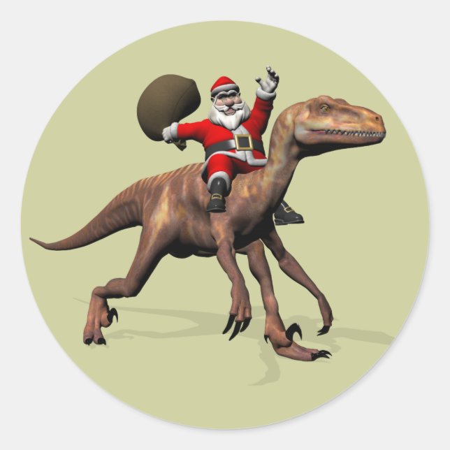 Santa Claus Riding On Deinonychus Classic Round Sticker (Front)