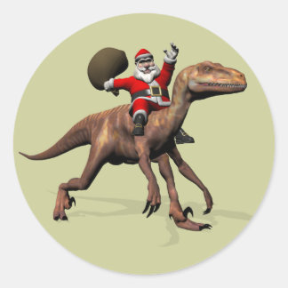 Santa Claus Riding On Deinonychus Classic Round Sticker