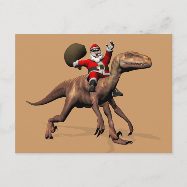 Santa Claus Riding On Deinonychus Holiday Postcard (Front)
