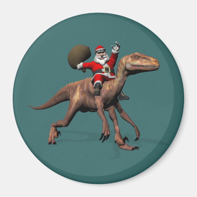 Santa Claus Riding On Deinonychus Magnet (Front)