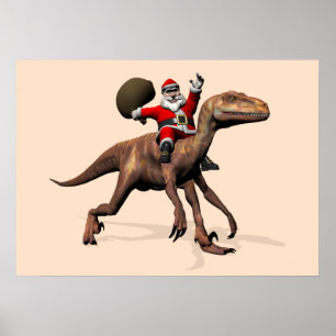 Santa Claus Riding On Deinonychus Poster