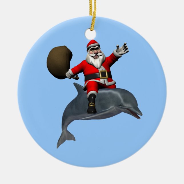 Santa Claus Riding On Dolphin Ceramic Tree Decoration (Front)