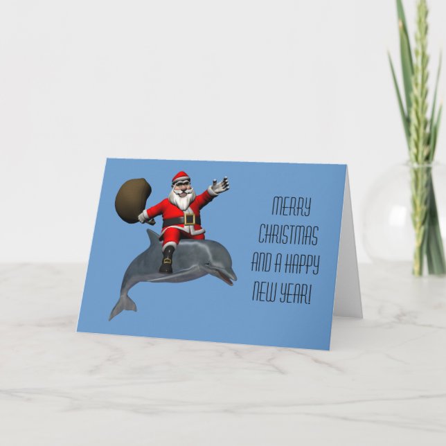 Santa Claus Riding On Dolphin Holiday Card (Front)