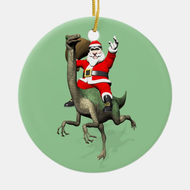 Santa Claus Riding On Gallimimus Ceramic Tree Decoration (Front)