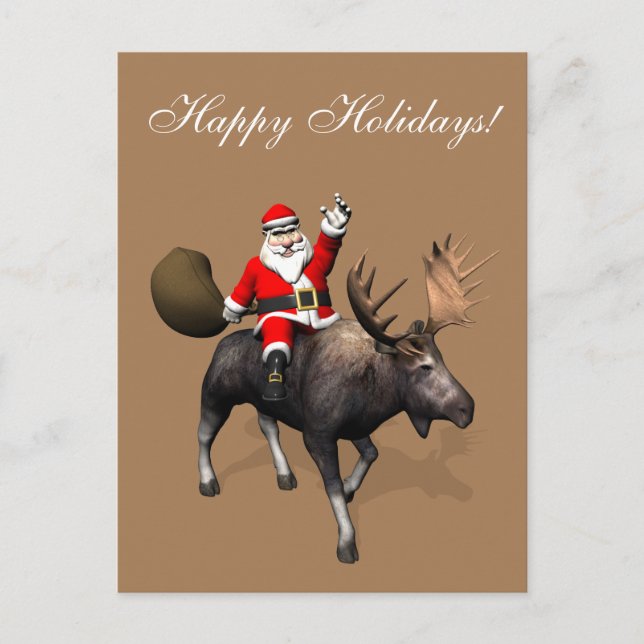 Santa Claus Riding On Moose Holiday Postcard (Front)