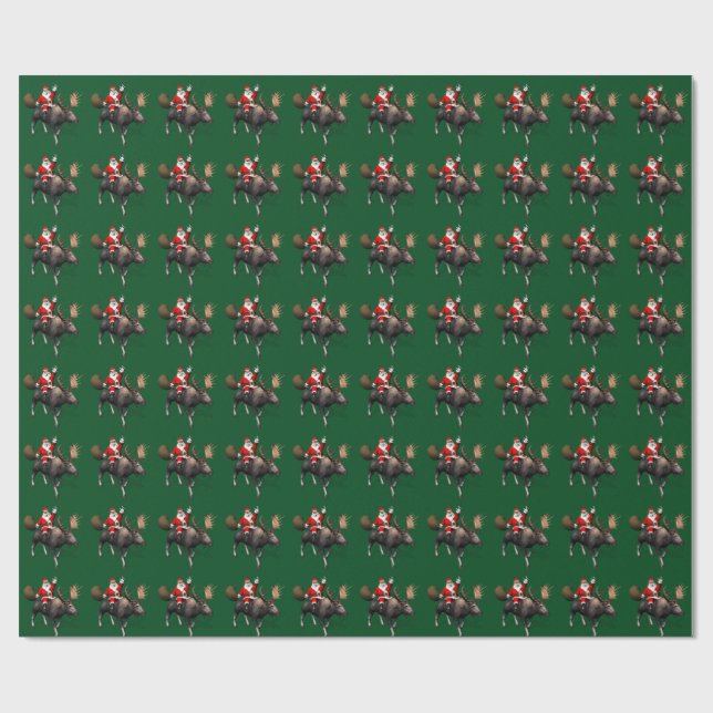 Santa Claus Riding On Moose Wrapping Paper (Flat)