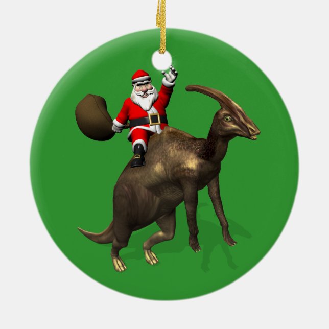 Santa Claus Riding On Parasaurolophus Ceramic Tree Decoration (Back)