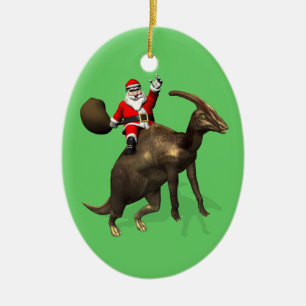 Santa Claus Riding On Parasaurolophus Ceramic Tree Decoration