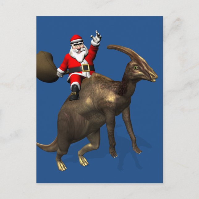 Santa Claus Riding On Parasaurolophus Holiday Postcard (Front)