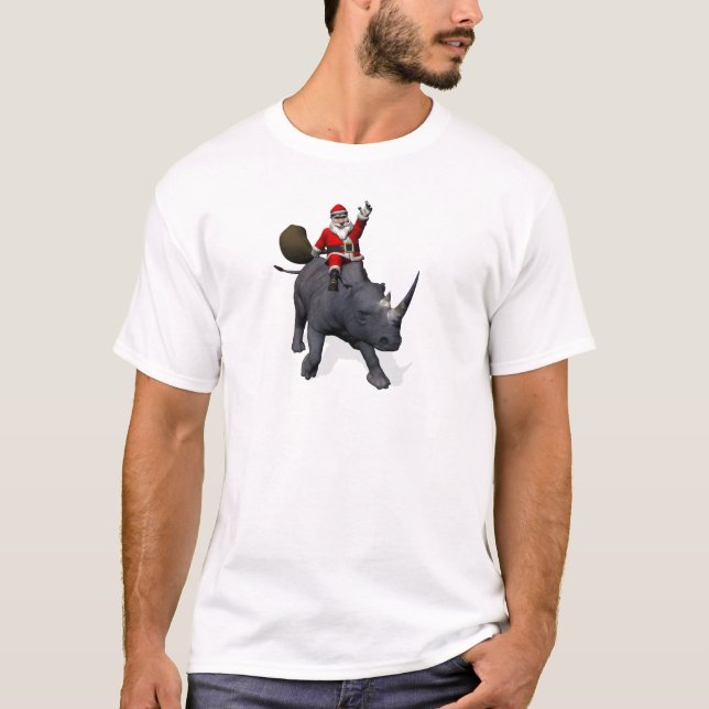 Santa Claus Riding On Rhinoceros T-Shirt (Front)