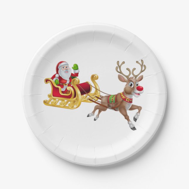 Santa Claus riding on sleigh Paper Plate (Front)