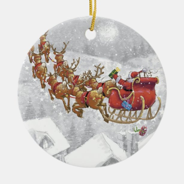 Santa Sleigh Flying Reindeer Christmas Decorations | Zazzle.co.uk