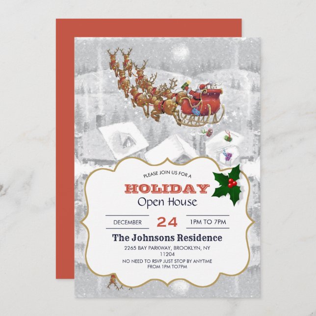 Santa Claus riding on sleigh with gift box         Invitation (Front/Back)